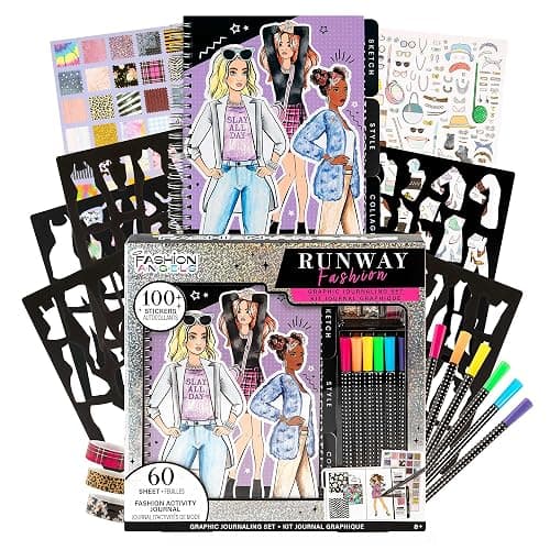 Fashion Angels Runway Graphic Journaling Set, Basic Fashion Design Activity Journal for Beginners with Markers, Stencils, Stickers & Sketch Pad, Kids 8+ - Image 1
