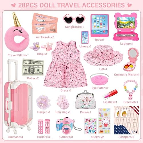 XFBB Doll Suitcase Travel Set, 18 inch Doll Clothes and Accessories - 28 Pcs Travel Pillow, Unicorn Bag, Sunglasses, Camera, Computer, Phone, Passport, Birthday Gift for Age 3 4 5 6 Year Old Girls thumbnail 4