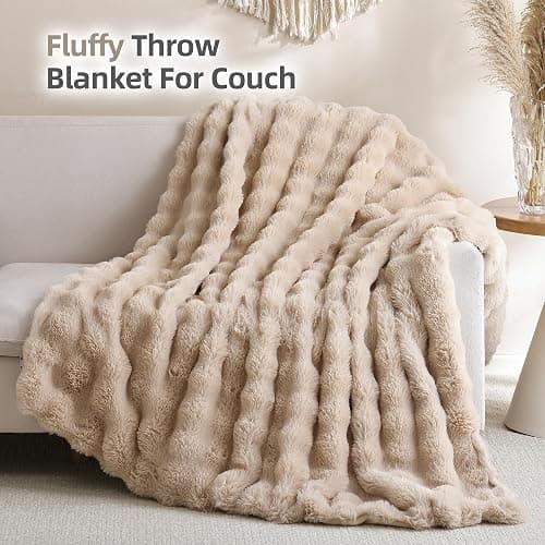 Smoofy Faux Fur Throw Blanket for Couch – Linen Fluffy Cozy Rabbit Fleece, Plush Soft Bubble Blanket for Sofa & Bed, for Mom, Warm Fuzzy Home Room Decor Throw 60" x 80" thumbnail 3