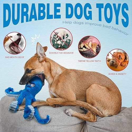 LEGEND SANDY Tough Dog Toys, Stuffed Chew Large Dog Toys to Keep Them Busy, Interactive Squeaky Tug of War Doggie Toy, Crinkle Blue Octopus thumbnail 4