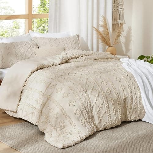 Bedsure Tufted Boho Comforter Set Queen Size - Beige Boho Bed Set, GentleSoft™ 3 Pieces Farmhouse Shabby Chic Embroidery Bedding, Gifts for Woman, Soft Jacquard Queen Comforter for All Seasons thumbnail 8