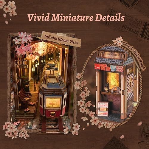FUNPOLA Sakura Train Book Nook Kit – LED 3D Wood Puzzle with Infinity Mirror – DIY Bookshelf Decor, Miniature Craft Gift for Kids and Adults thumbnail 4