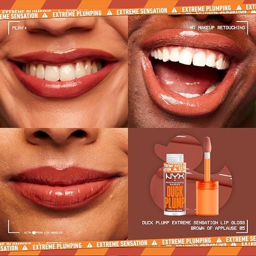 NYX Professional Makeup Lipgloss mit Schmollmund-Effekt, Glossy Finish & intensive Farbe, Extremes Volumen & Fülle dank Ingweröl, Vegane Formel, Duck Plump Lip Lacquer, Brown of Applause thumbnail 3