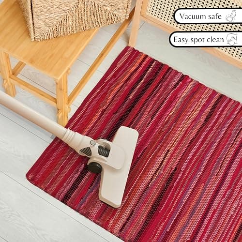Ramanta Home 100% Cotton Hand Woven Chindi Rag Rug 2'x3' - Red, Recycled Reversible Rug, Boho Rustic Farmhouse Rugs for Living Room, Kitchen, Dinning Room Entryway Floor Mat - 24"x36" thumbnail 3