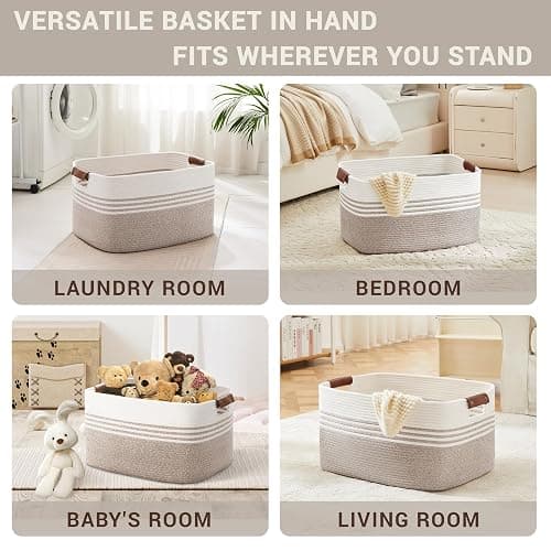 SunNewt 72L Large Laundry Basket with Leather Handles for Living Room Storage, Woven Rope Baskets Bin for Blanket, Gifts, Wicker Hamper for Bedroom Dirty Clothes, 22"x17"x12" White Brown thumbnail 4