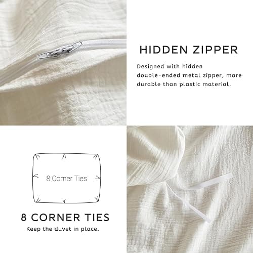 SE SOFTEXLY Muslin Duvet Cover King Size, 100% Washed Cotton Duvet Cover Set, Ultra Soft Comforter Cover Linen Like, 3 Pieces Minimalist Gauze Duvet Cover with 2 Pillowcases, 90"x104", White thumbnail 7