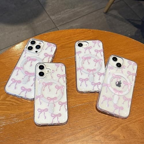 UEEBAI Magnetic for iPhone 15 Pro Max, Glitter Bow Case Compatible with MagSafe, Wireless Slim Sparkly Clear Aesthetic Phone Cover Anti-Yellowing Protective Cover for Women Girl - Glitter Pink thumbnail 6