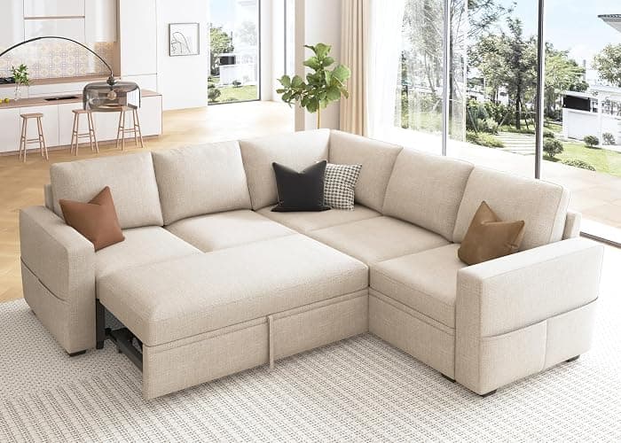 HONBAY Modular Sectional Sleeper Sofa with Pull Out Bed, L Shaped Couch with Storage Seat, Convertible Sectional Couches for Living Room, Beige - Image 1
