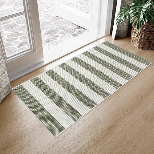 OJIA Green and White Striped Rug 24"x51" Washable Front Door Mat Hand Woven Entry Rug Cotton Indoor Outdoor Rug Small Checkered Rugs for Front Porch Kitchen Entryway Patio Bathroom - 2'x4.3' - Green/Beige thumbnail 7