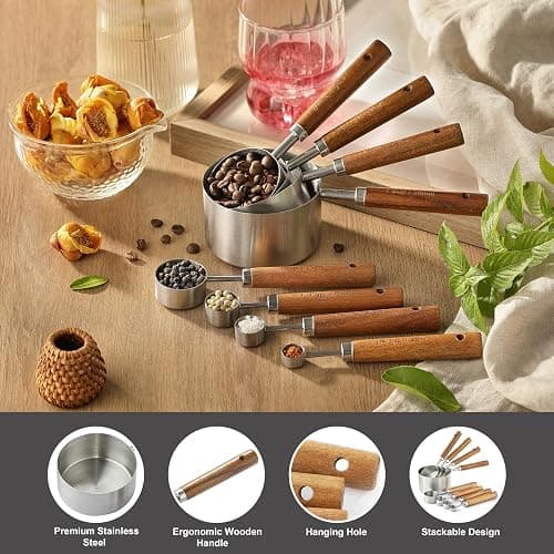 8PCS Measuring Cups, DAJLFA Stainless Steel Measuring Cups and Spoons Set with Ergonomic Wooden Handle for Cooking & Baking thumbnail 4