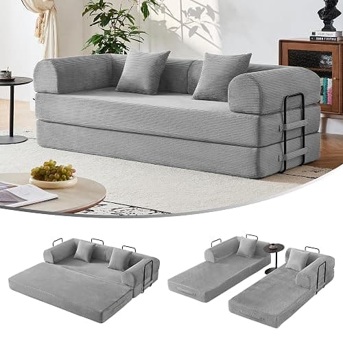 Bsxupke 79" 5-in-1 Convertible Sofa Bed No Assembly, Boneless Couch Bed with High Density Foam, Foldable Sleeper Sofa, Corduroy Modular Couch for Apartment, Studio, Dorm Room, Small Space, Light Grey - Image 1