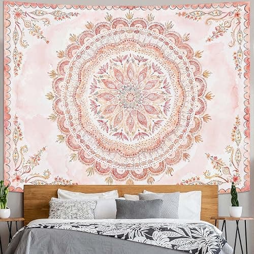 Fowocu Boho Floral Mandala Tapestry Wall Hanging Pink Bohemian Flower Medallion Tapestry Aesthetic Watercolor Hippie Indian Large Tapestries for Bedroom Living Room Dorm Decor 80 x 60 Inch - Image 1