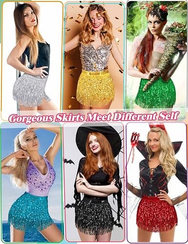 Sequin Skirt Sparkly Skirt Belly Dance Skirt Glitter Skirt Rave Sparkle Skirt Sequin Tassel Skirt Fringe Hip Scarf Women thumbnail 3