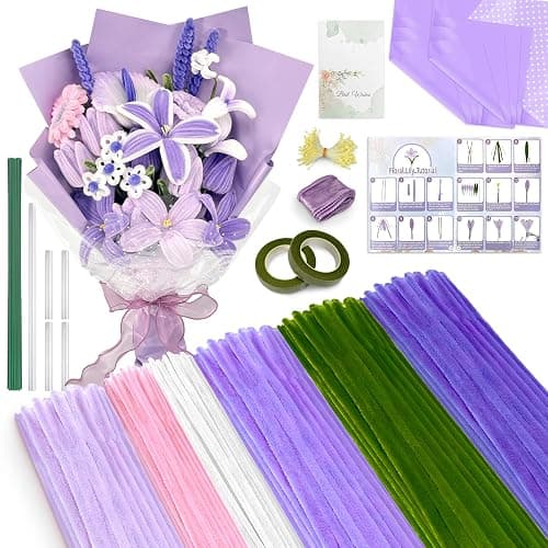 LINAYE 500 PCS Pipe Cleaners Craft, 6 Colors Pipe Cleaners Flowers Kit, Chenille Stems for Crafts with Instruction Wrapping Paper, Flower Stamens, Stems Art and Craft Supplies Purple - Image 1