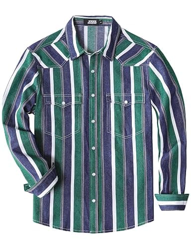 JOGAL Mens Striped Western Shirts Long Sleeve Pearl Snap Casual Cowboy Shirt Regular Fit Work Shirts with Two Pockets - Image 1
