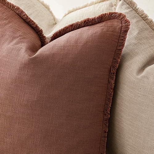 Foindtower Set of 2 Decorative Linen Fringe Throw Pillow Covers Boho Farmhouse Cushion Cover with Tassels Accent Pillowcase for Couch Chair Sofa Bed Living Room Home Decor,22×22 Inch,Rust Red thumbnail 5