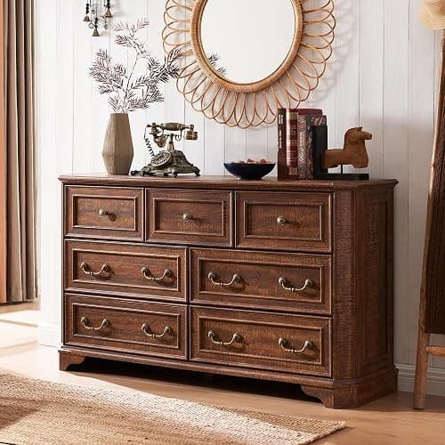 T4TREAM Farmhouse 7 Drawers Dresser for Bedroom, 54" Wide Wood Rustic Chest of Drawers with Natural Texture, Vintage Design, Storage Dressers Organizer for Bedroom, Living Room, Reclaimed Barnwood - Image 1