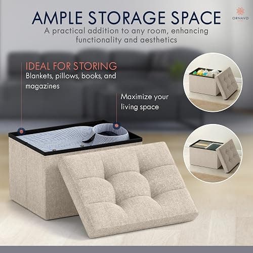 Ornavo Home Small Storage Ottoman Foldable Collapsible Rectangle Linen Ottoman Foot Rest Stool Seat, for Living Room, Bedroom, Home Office, Dorm - 12 x 16 x 12, Beige - 1 - Beige thumbnail 3