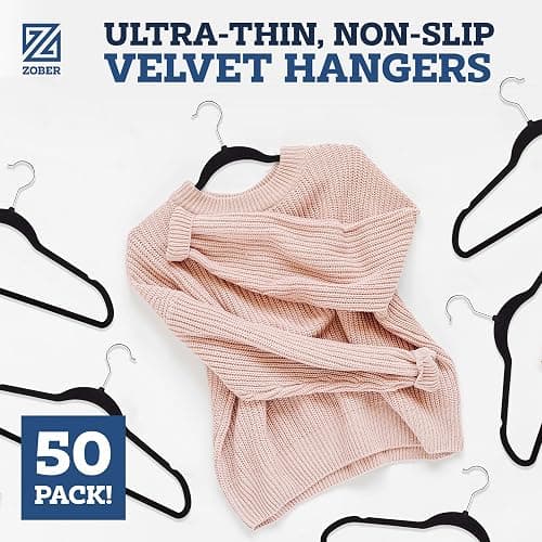 ZOBER Black Velvet Hangers 50 Pack - Clothes Hangers, Coat Hanger for Pants & Dress Clothes - Non Slip w/ 360 Degree Swivel, Holds up to 10 lbs - Strong Felt Hanger for Clothing thumbnail 2