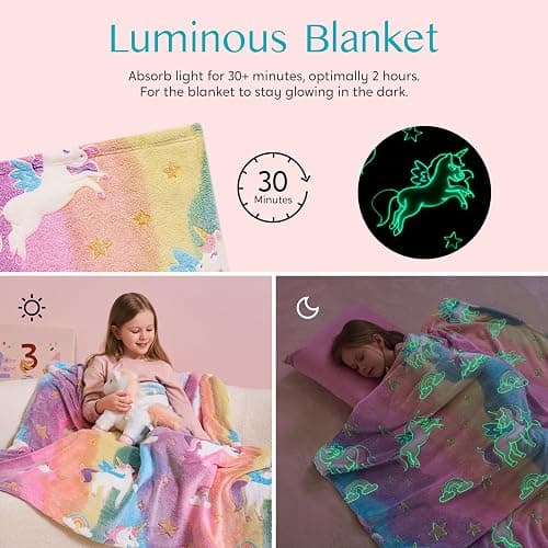 Joiedomi Glow in The Dark Blanket - Unicorns Gifts Toys for Girls Age 2 3 4 5 6 7 8 9 10 11 12 Year Old - Soft Cozy Flannel Kids Throw Blanket, Birthday Bedroom Decor 50"×60" thumbnail 5