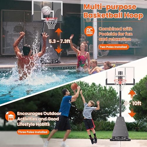 Feelwin Basketball Hoop Outdoor System with 10ft Height Adjustable, 45/48in Steel Frame Backboard Basketball Goal Court System, Portable Hoop for Youth and Adults in Driveway Backyard Pool Play thumbnail 2