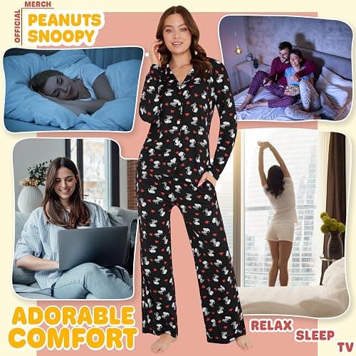 Peanuts Snoopy Pajamas for Women Set Long Sleeve Lounge Top PJ Pants Sleepwear Cute Nightwear Loungewear Gifts for Women thumbnail 3