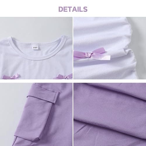 Zylvae Girls 2 Piece Clothes Cute Bow Decoration T-Shirt Top + Cargo Pants Teen Girl 2pcs Outfit Set, Size 8-13 Years thumbnail 5