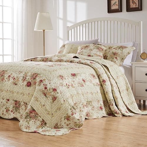 Greenland Home Antique Rose Jumbo Oversized 100% Cotton Bedding Set, Bedspread 110 W x 118 L with 2 Shams 20 W x 26 L Each, Queen (3 Piece), Ecru - Image 1