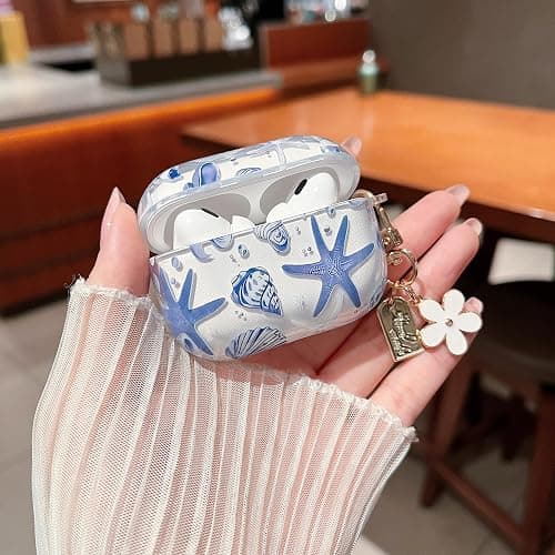 MINSCOSE Compatible with AirPods Pro 2nd/1st Generation,Cute Beautiful Seashell and Starfish Pattern Design with Keychain, Soft TPU Protective Shockproof Cover for AirPods Pro/Pro 2-Blue thumbnail 4
