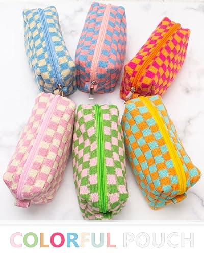 PAZIMIIK Checkered Makeup Bag for Purse Portable Zipper Make Up Pouch Small Cosmetic Case for Travel Accessories Pink Beige thumbnail 6