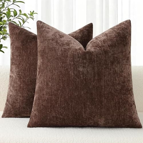 decorUhome Chenille Reddish Brown Throw Pillow Covers 18x18 Inch Set of 2, Decorative Soft Couch Pillow Covers Solid Dyed Accent Farmhouse Neutral Square Pillow Cases for Sofa - Image 1