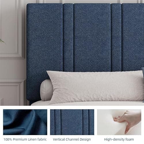 MaverickFurni Twin Bed Frame for Kids, Upholstered Platform Bed Frame with Linen Fabric headboard, Wood Slats, Modern Style, No Box Spring Needed, Easy Assembly, Blue thumbnail 4