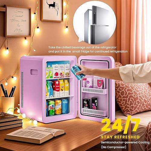 Kikihouse 22L/30Cans Mini Fridge for Bedroom, 12v DC Portable Cooler & Warmer, Mini Refrigerator with Glass Front, for Car Office Desk & Dorm Room Food Beverage Skincare Makeup thumbnail 7