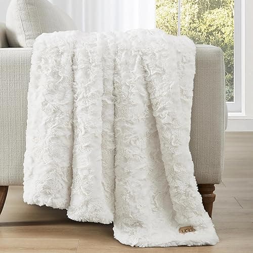 UGG 10483 Adalee Soft Faux Fur Reversible Accent Throw Blanket Luxury Cozy Fluffy Fuzzy Hotel Style Boho Home Decor Soft Luxurious Blankets for Couch, 50 x 70-inch, Natural - Throw - Ivory thumbnail 2