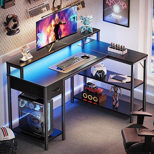 SUPERJARE 47 inch L Shaped Gaming Desk with LED Lights & Power Outlets, Reversible Computer Desk with Shelves & Monitor Stand, Corner Desk with Drawer, for Home & Office, Black, 7998BC thumbnail 2