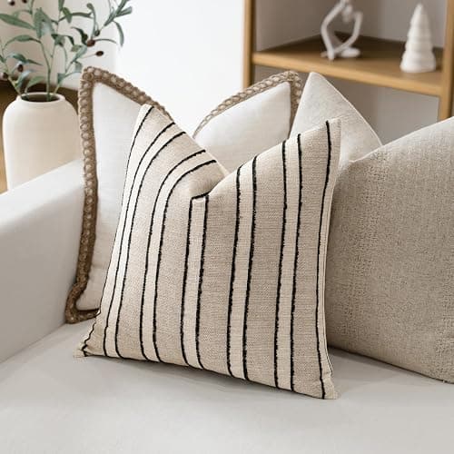 FIOUOVO Striped Linen Throw Pillow Covers 18x18 Set of 2, Beige | Modern Farmhouse Neutral Decorative Accent Woven Textured Cushion Covers for Sofa Couch Living Room Bedroom thumbnail 2