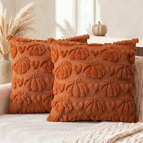 AVOIN colorlife Fall Pumpkin Heart Caramel Throw Pillow Covers, 18 x 18 Inch Autumn Thanksgiving Harvest Soft Plush Faux Fur Jacquard Cushion Case Decoration for Sofa Set of 2 - Image 1