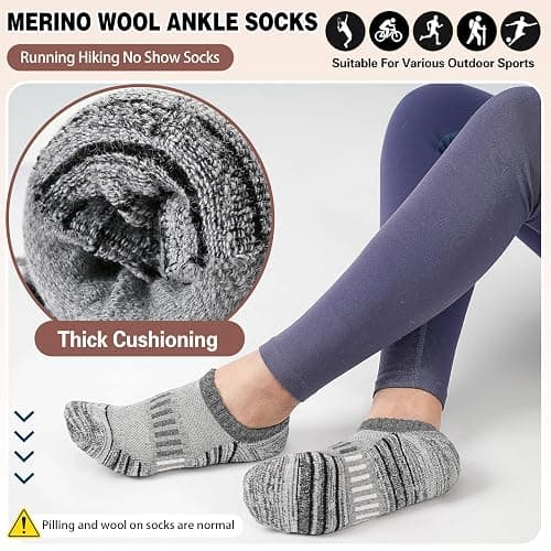 Merino Wool Ankle Athletic Running No Show Socks Cushioned Breathable Sports Warm Thick Socks for Men and Women 6 Pairs thumbnail 3