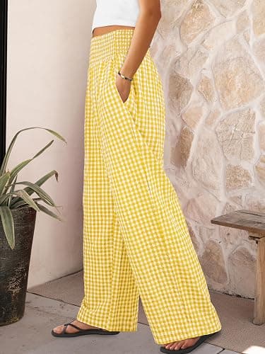 ANRABESS Womens Striped Gingham Palazzo Pants | Wide Leg Smocked High Waisted Pajama Pants, Lounge & Casual, Summer Fall Cute Pants with Pockets thumbnail 3