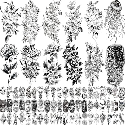 82 Sheets 3D Flowers Temporary Tattoos for Women Adult, Including 12 Sheets Large Fake Tattoos That Look Real and Last Long, Waterproof Rose Moon Butterfly Tiger Snake and Flowers Tattoos - Image 1