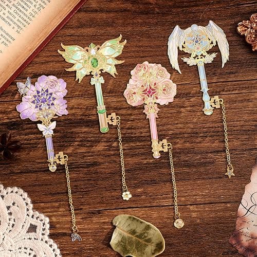 4pcs Metal Bookmarks Set for Reading Women and Men, Enchanted Floral Wing Key Magic Reading Accessories, Fantasy Book Marks Gifts for Book Lovers Readers Kids Page Holders with Flower Feather Designs thumbnail 2