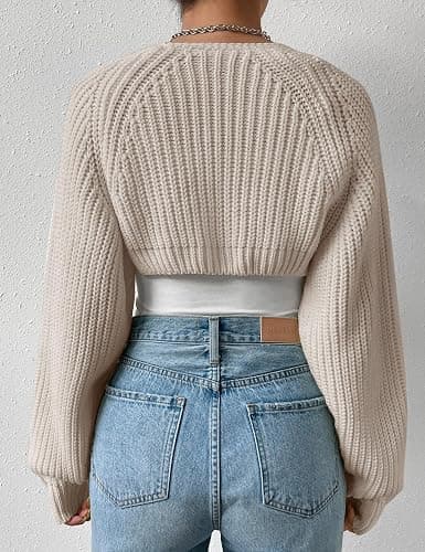 SECRETEYARD Women's Long Sleeve Open Front Knitted Crop Cardigan Drop Shoulder Knit Bolero Shrug Sweater thumbnail 6