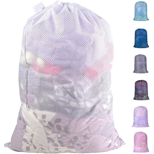 Polecasa Extra Heavy Duty Large Diamond Mesh Laundry Bags with Drawstring Closure & ID Tag, 24 x 36 inches Washable Storage Bag for College, Travel, Sports, Dorms, White - Image 1