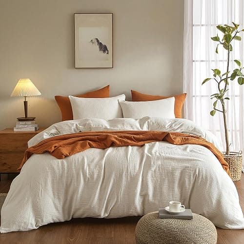 SE SOFTEXLY Muslin Duvet Cover King Size, 100% Washed Cotton Duvet Cover Set, Ultra Soft Comforter Cover Linen Like, 3 Pieces Minimalist Gauze Duvet Cover with 2 Pillowcases, 90"x104", White thumbnail 2