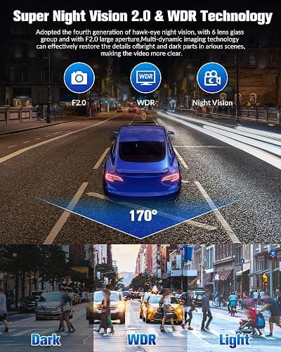 Dash Camera for Cars,4K Full UHD Car Camera Front Rear with 32GB Card,Built-in Super Night Vision,2.0'' IPS Screen,170°Wide Angle,WDR, 24H Parking Mode, Loop Recording. thumbnail 3