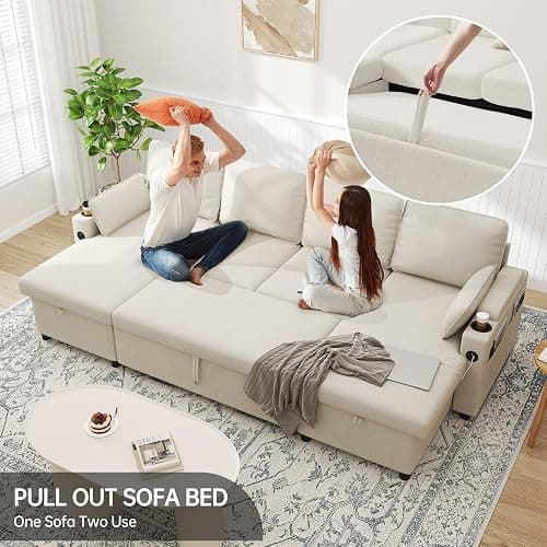 DURASPACE Sofa Bed Pull Out Couch Sleeper with Double Storage Chaise, U Shaped Convertible Sectional Sleeper Sofa for Living Room with USB Charging Ports, Cup Holder (Beige) thumbnail 5