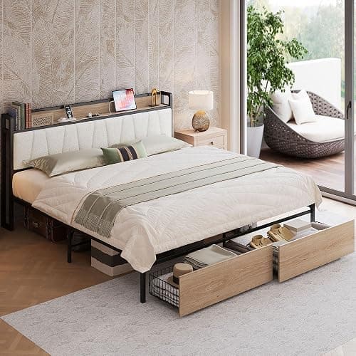 LIKIMIO King Size Bed Frame, Storage Headboard with Charging Station, Platform Bed with Drawers, No Box Spring Needed, Easy Assembly, Wood and Cream thumbnail 9