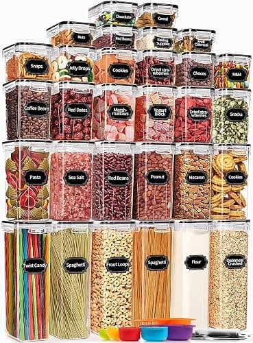 PRAKI 30 Pack Airtight Food Storage Containers for Kitchen Pantry Organizers and Storage, BPA-Free, Plastic Storage Canisters with Lids-Cereal, Flour and Sugar, Include 40 Labels, 6 Spoon & Marker | Plastic Cereal Storage Containers for Flour, Sugar, Dry Food Storage, Include 40 Labels, 6 Spoon & Marker, Black - Image 1
