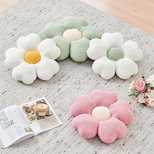 Kcvvcr Flower Throw Pillow, Cute Flower Shaped Pillow Decorative Throw Pillow for Bed Couch, Soft Daisy Pillows Floor Seating Cushion Cushions (14.9 Inch White+Green) thumbnail 5