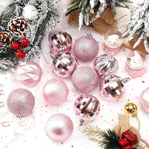 JULMELON 24PCS Pink Christmas Ball Ornaments, 60mm Shatterproof Tree Decor | Plastic, Xmas Tree Decorations, Wedding, Mothers Day Party, Assorted Style Decor, Large 2.4 in thumbnail 5